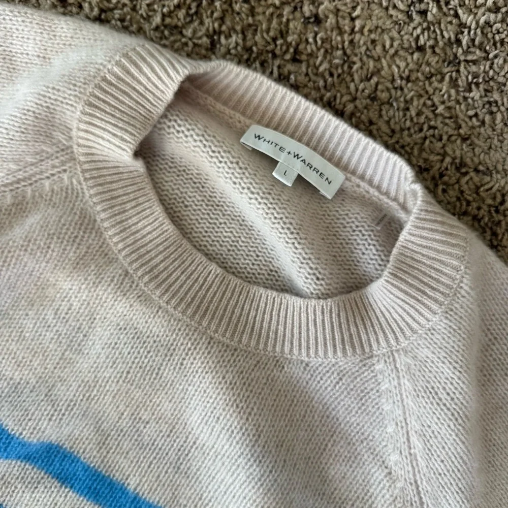 White + Warren 100% Cashmere Blue and Cream/Tan Striped Sweater Large - Picture 2 of 8